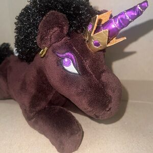 Afro Unicorn Dark Brown plush Purple Horn Gold Crown Earrings Stuffed Animal